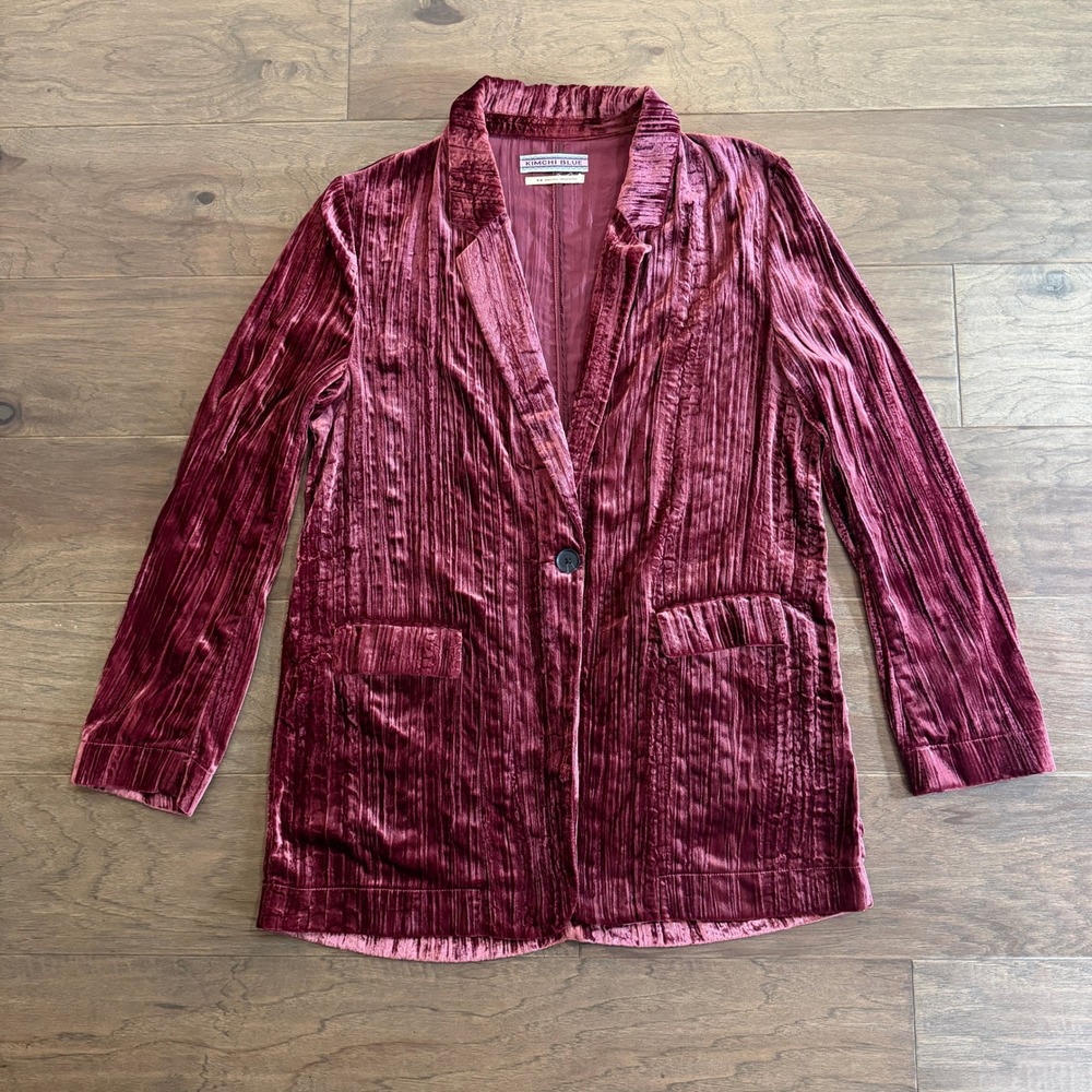 Kimchi Blue Womens Burgundy Crushed Velvet Single Button Blazer Jacket Size M